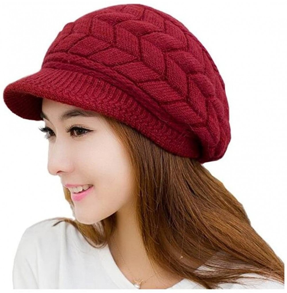 Skullies & Beanies Women Winter Warm Knit Hats Caps Wool Snow Ski Cap Beanie Ski Berets Snapback Caps with Visor - Red - CI18...