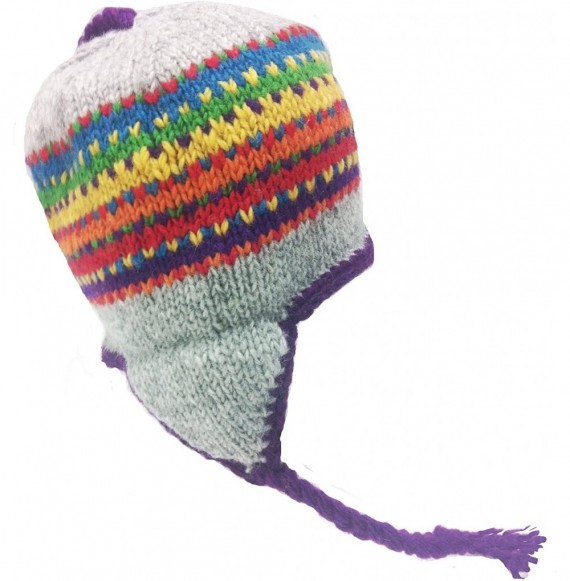 Skullies & Beanies Nepal Hand Knit Sherpa Hat with Ear Flaps- Trapper Ski Heavy Wool Fleeced Lined Cap - Grey Rainbow - CP11J...