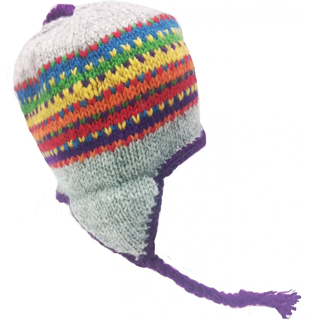 Skullies & Beanies Nepal Hand Knit Sherpa Hat with Ear Flaps- Trapper Ski Heavy Wool Fleeced Lined Cap - Grey Rainbow - CP11J...