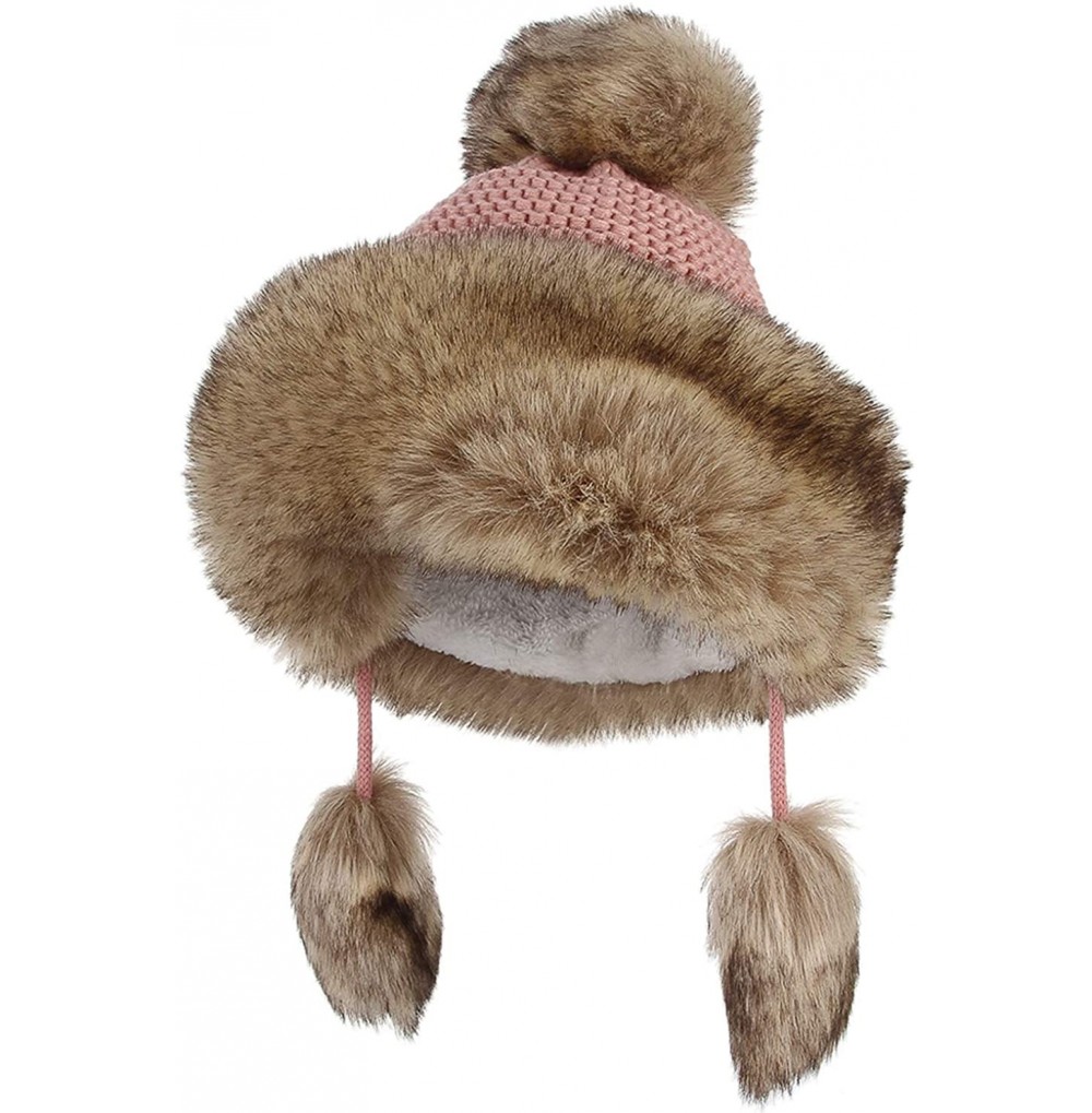 Skullies & Beanies Women Peruvian Faux Fur Knit Beanie Hat Warm Winter Fleece Lined Pompom Earflap Snow Ski Cap - Pink - CT18...