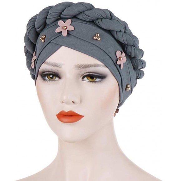 Skullies & Beanies Muslim Hat Pleated Twist Turbans for Women African Printing India Chemo Cap Flower Headwrap - Gray - C718W...