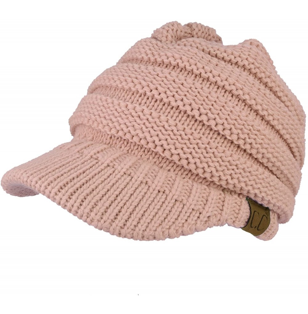 Skullies & Beanies Women's Ribbed Knit Winter Ponytail Visor Beanie Cap - Indi Pink - CL188QKK8IE