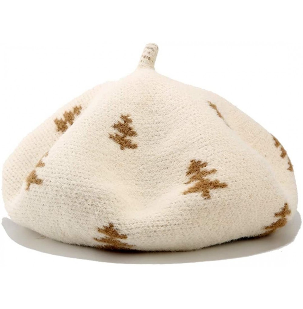 Berets Christmas Tree Pattern Wool Beret Hat Soft Knitted French Artist Hats Cute Winter Warm Caps - White - CV18AEH37K4