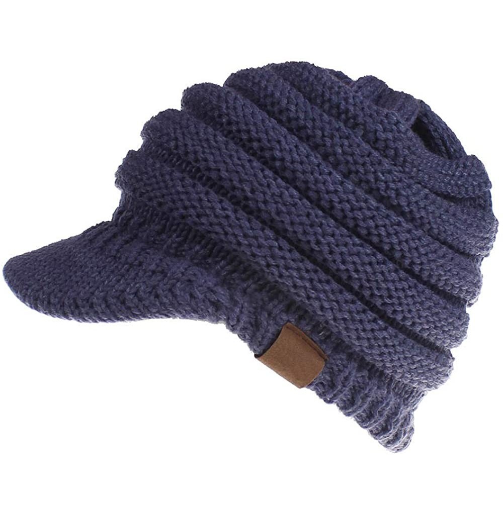 Skullies & Beanies Women's Warm Chunky Cable Knit Messy Bun Hat Ponytail Visor Beanie Cap - Navy - CF18HYW08TU