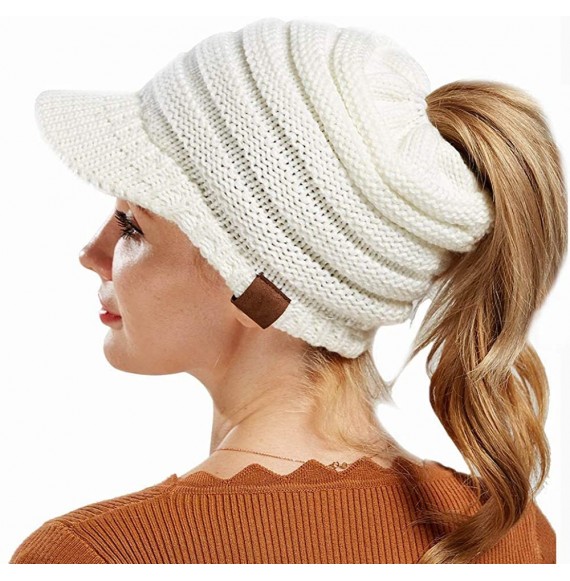 Skullies & Beanies Women's Warm Chunky Cable Knit Messy Bun Hat Ponytail Visor Beanie Cap - Navy - CF18HYW08TU