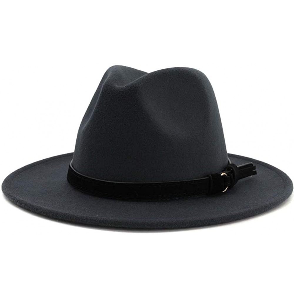 Fedoras Men & Women Vintage Wide Brim Fedora Hat with Belt Buckle - Black Belt-dark Grey - CX18WQC38OX