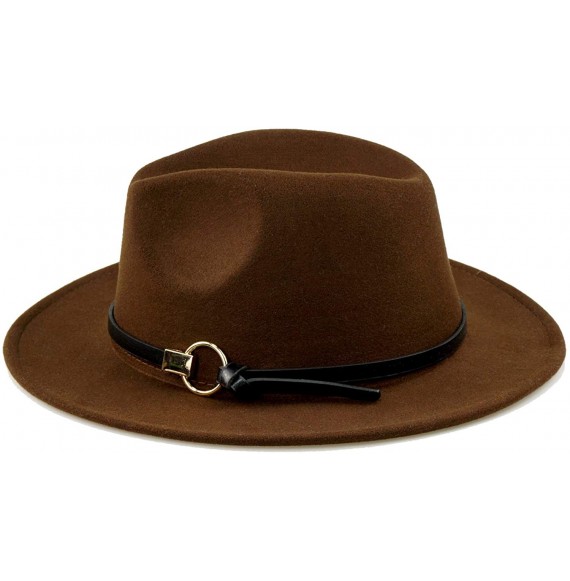 Fedoras Women Gold Belt Buckle Wool Felt Fedora Hat Winter Fashion Dress Panama Hat - Coffee - CJ18IE4AT40