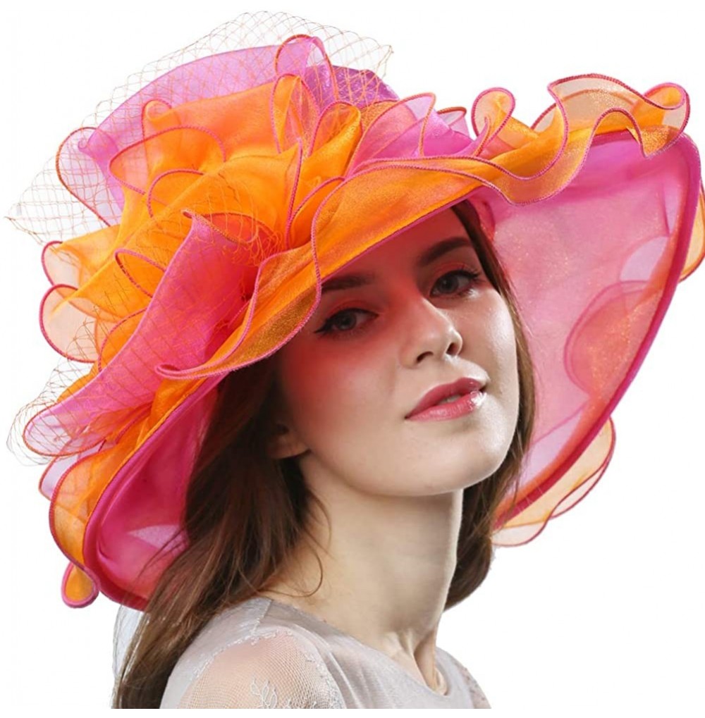 Sun Hats Women Dress Fantastic Fancy Feather Veil Floral Brim Hat Kentucky Derby Church Wedding Tea Party Cap - C217YWALURQ