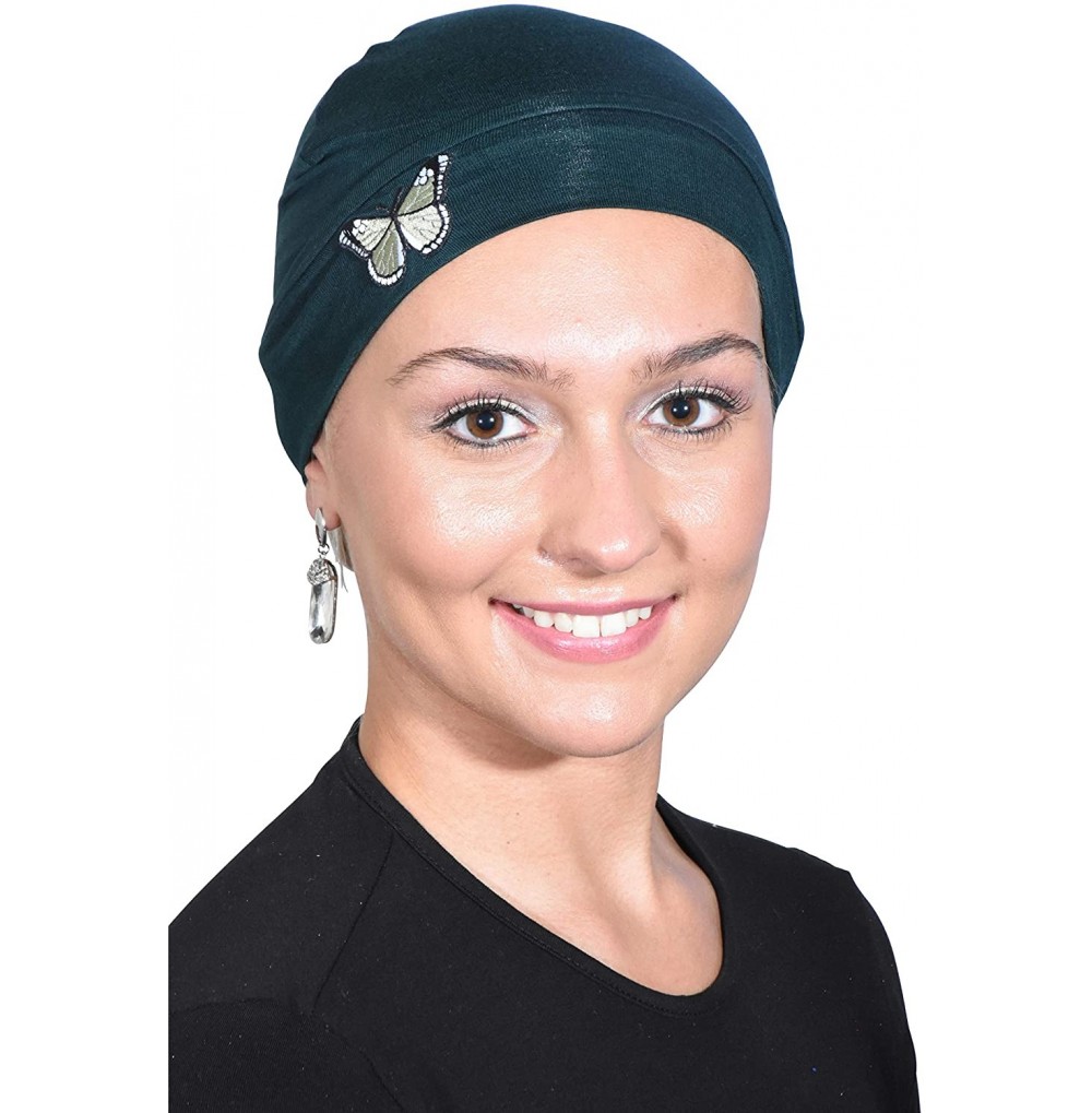 Skullies & Beanies Ladies Chemo Hat with Green Butterfly Bling - Hunter Green - CA12O2X7GH3