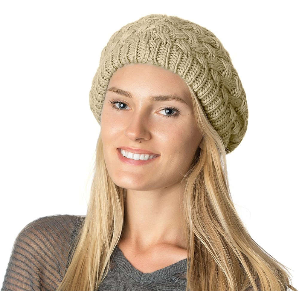 Berets Fall Winter Knit Beanie Beret Hat for Women Soft Knit Lining Many Styles - Beige Basket Weave - C112N1QJVFG