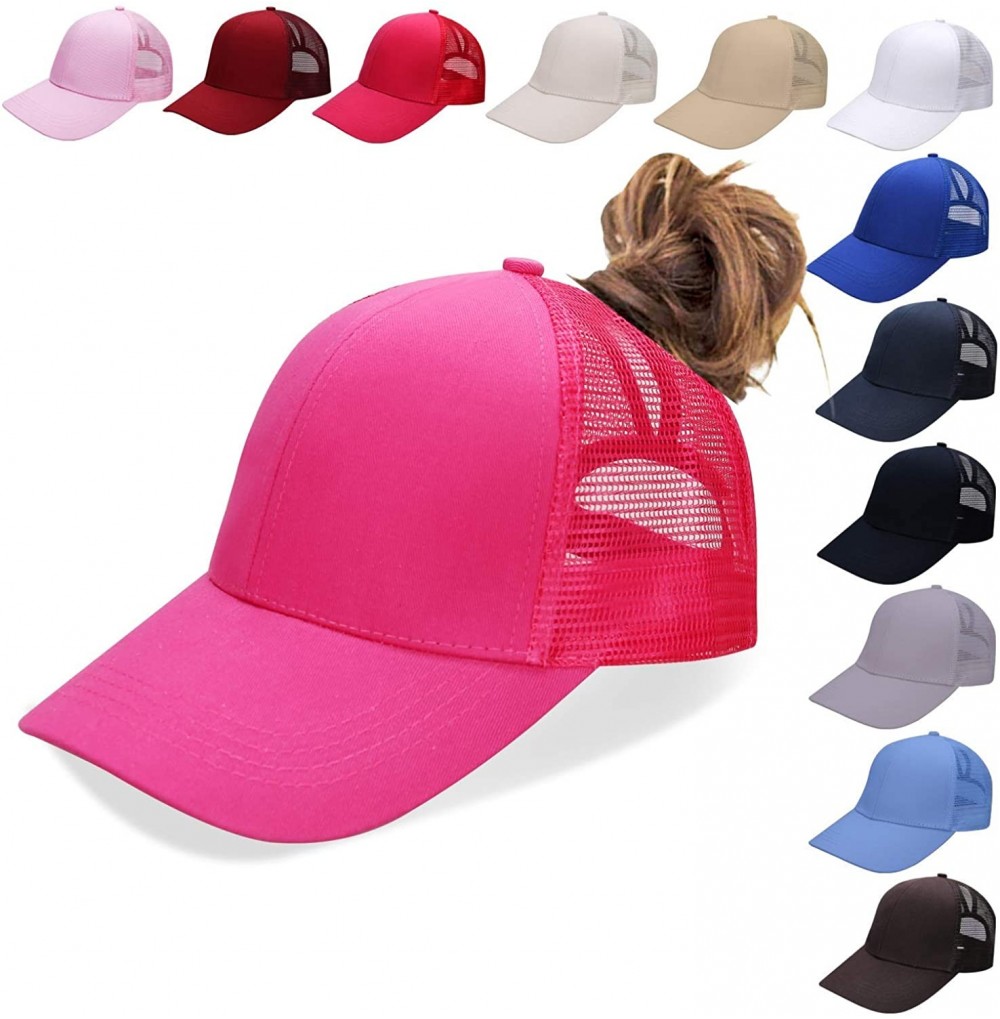 Baseball Caps NeuFashion Ponycap Messy High Bun Ponytail Adjustable Mesh Trucker Baseball Cap Hat for Women - Hotpink - C718D...