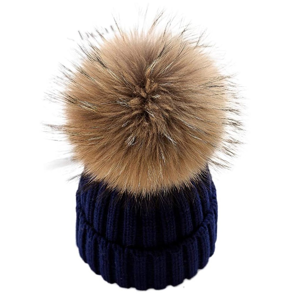 Skullies & Beanies Winter Knit Hat Kids Real Fur Pom Pom Warm Beanie Hat - Navy (Real Raccoon Fur) - C418Y2CYEYZ