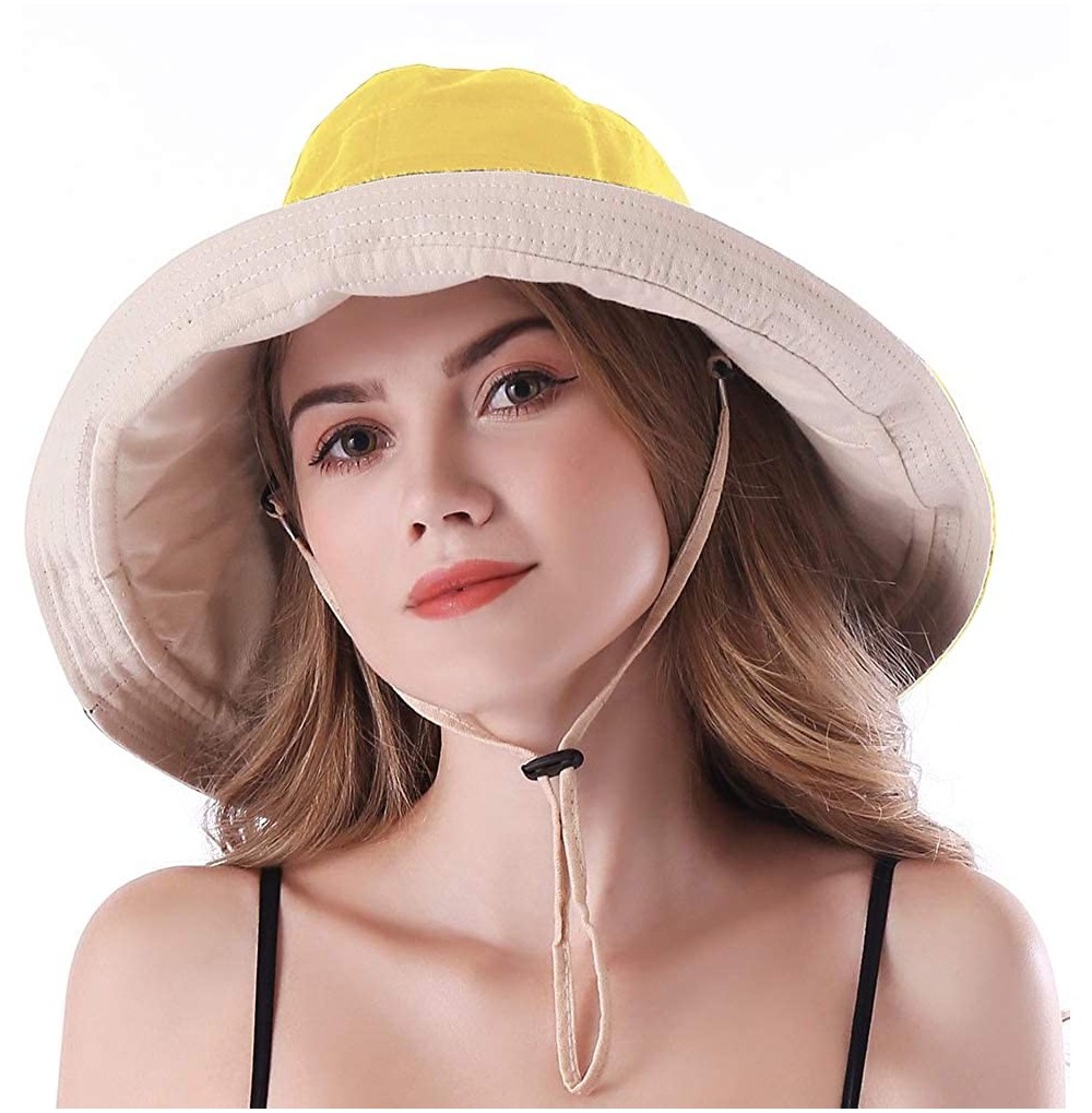 Sun Hats Women Large Brim Sun Hats Packable Foldable UV Protection Bucket Hats - Yellow - CM18QCZUEX5