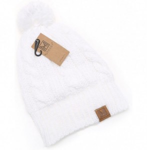 Skullies & Beanies Winter Oversized Cable Knitted Pom Pom Beanie Hat with Fleece Lining. - White - C9186MHHSLO