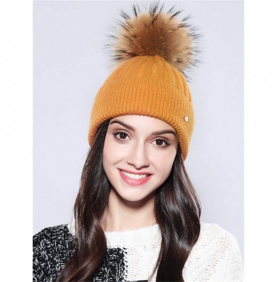 Skullies & Beanies Women Winter Kintted Beanie Hats with Real Fox Fur Pom Pom - Z-yellow - CV18YCSGZX2