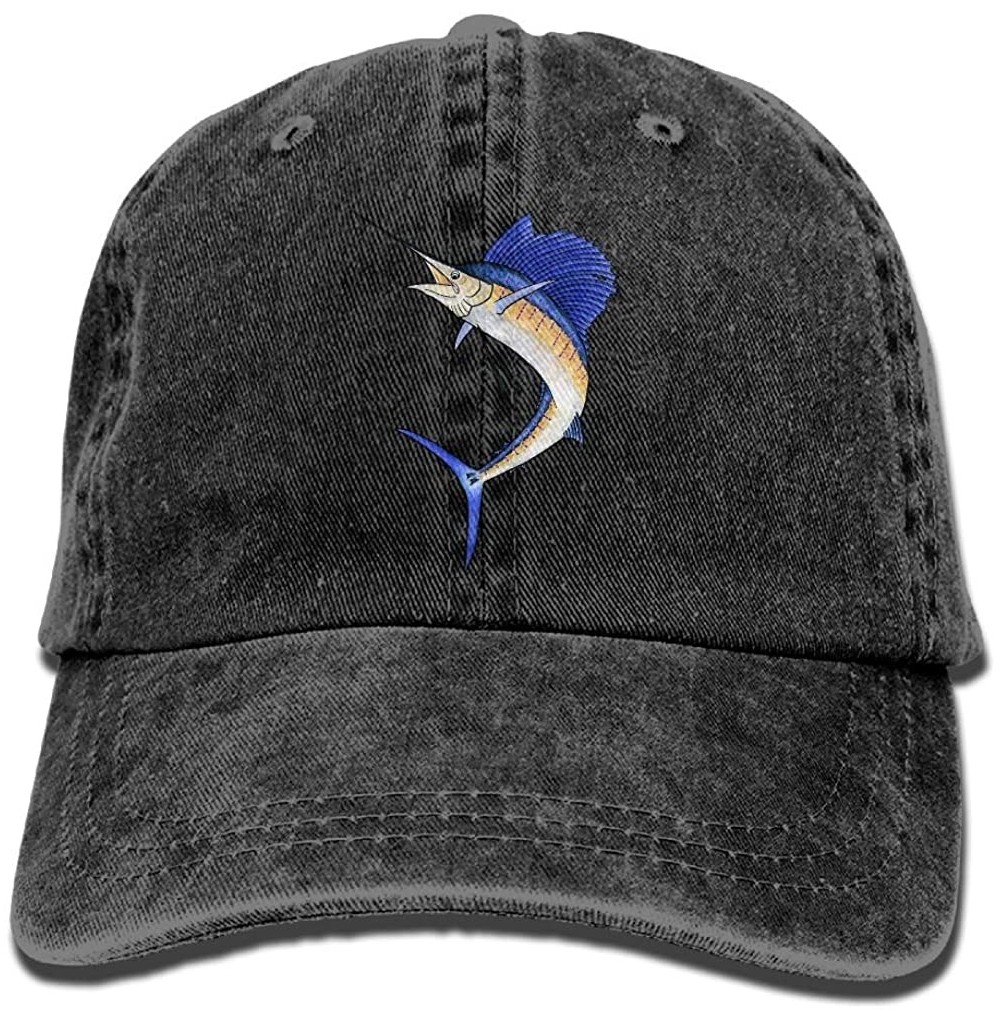 Skullies & Beanies Sailfish Denim Baseball Caps Hat Adjustable Cotton Sport Strap Cap for Men Women - Black - CY18ECQXDW6
