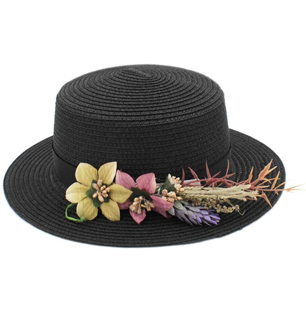Sun Hats Women Straw Boater Hat Summer Beach Sun Sailor Bowler Cap w/Flower Hatband - Black - CP18TM0QZW3