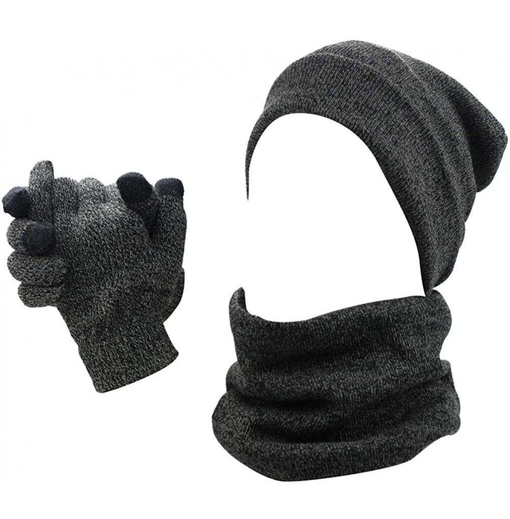 Balaclavas Mens Winter 3 Pieces Set Scarf Skull Beanie Hat Cap Touch Screen Gloves Mittens - Middle Gray - CJ18M3Q98M6