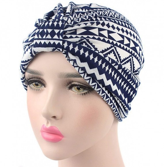 Skullies & Beanies Shiny Turban Hat Headwraps Twist Pleated Hair Wrap Stretch Turban - Navy Geometry - C2199IH07W6