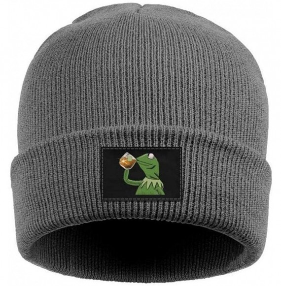 Skullies & Beanies Mens Womens Warm Solid Color Daily Knit Cap Funny-Green-Frog-Sipping-Tea Headwear - Gray-2 - C018N6Z5RD6