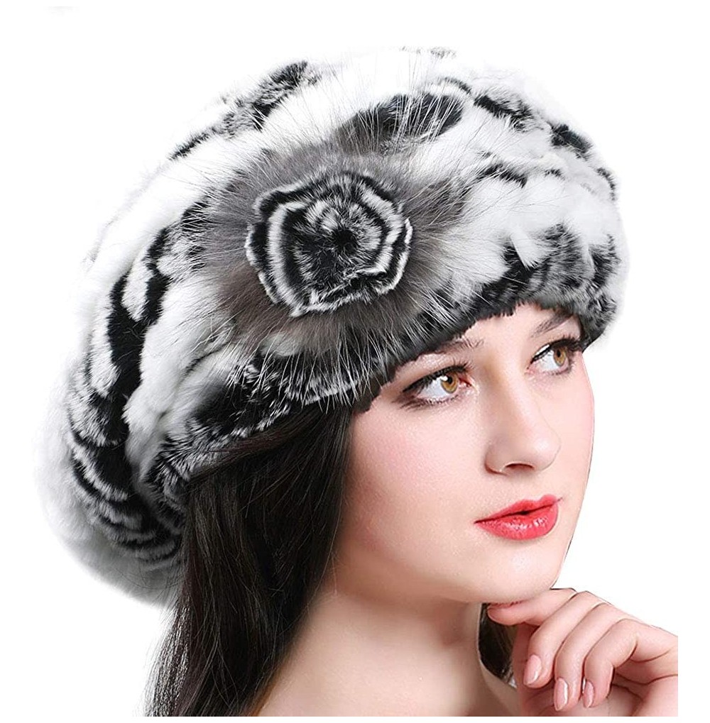 Berets Winter Berets for Womens Rex Rabbit Beanies Knitted Cashmere Hats Multicolour - Black White - CU18ZYZMX9K