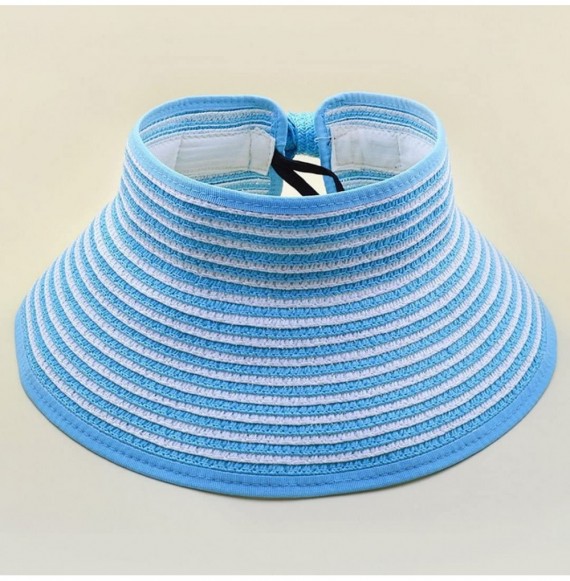 Sun Hats Women & Girls Foldable Roll Up Wide Brim Visor Hat Sports Beach Straw Hat Stripe Sun Cap - Girl Sky Blue - C918EHS2M78