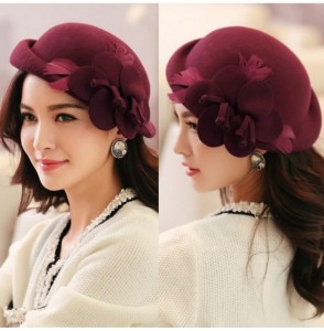 Skullies & Beanies Womens 100% Wool Veil Flower Pillbox Hat Winter Hat Crimping Beanie Hat - B-wine Red - CP18GTNDH2M