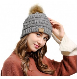 Skullies & Beanies Soft Cable Knit Beanie Skully Warm Stretchy Hats with Faux Fur Pompom - Light Grey - CN18ASH436E