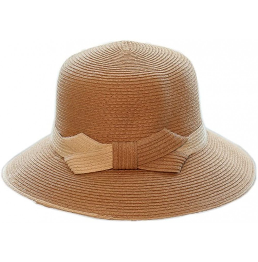 Sun Hats Women Elegant Bowknot Floppy Beach Straw Hats Wide Brim Packable Sun Cap - Belt Coffee - CA18EZQ8EW9