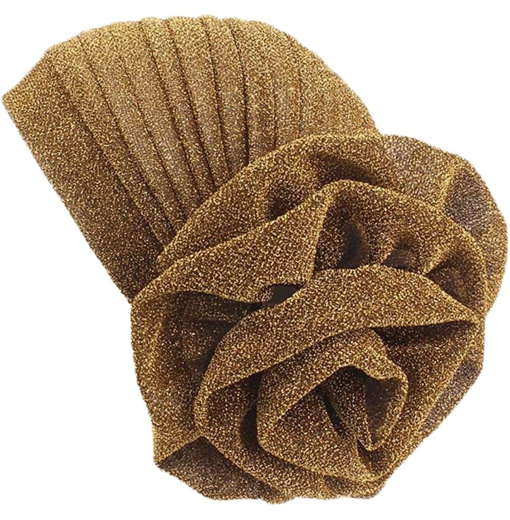 Skullies & Beanies Shiny Turban Hat Headwraps Twist Pleated Hair Wrap Stretch Turban - Gold Paillette Flower - CO198H6O4NL