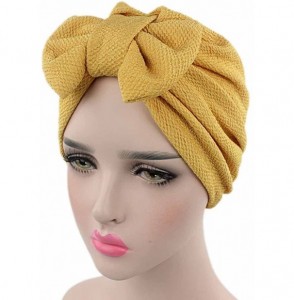 Skullies & Beanies Women Solid Bow Pre Tied Cancer Chemo Hat Beanie Turban Stretch Head Wrap Cap - Yellow - CV185N8KMI7