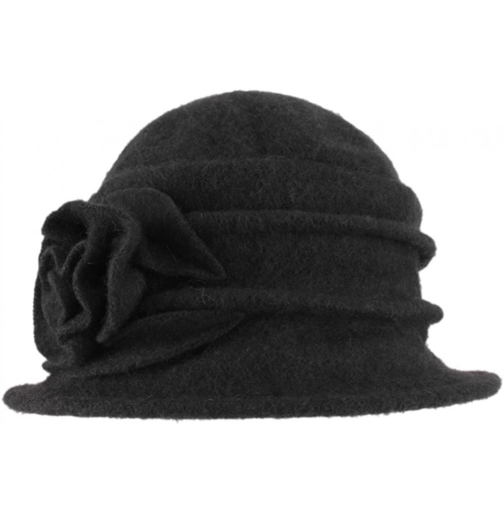 Bucket Hats Women's Elegent Floral Trimmed Wool Blend Cloche Winter Hat Party Hearwear - Black - CZ12O5CHSSW