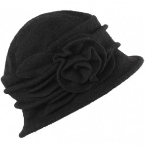 Bucket Hats Women's Elegent Floral Trimmed Wool Blend Cloche Winter Hat Party Hearwear - Black - CZ12O5CHSSW