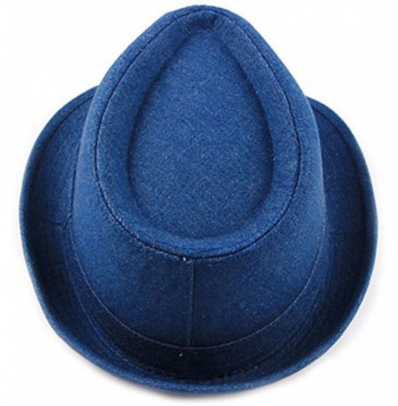 Fedoras Denim Fedoras Hats for Women Men Solid Manhattan Structured Gangster Trilby Bowler Jazz Hat - Dark Blue - CI18NOXR7LS