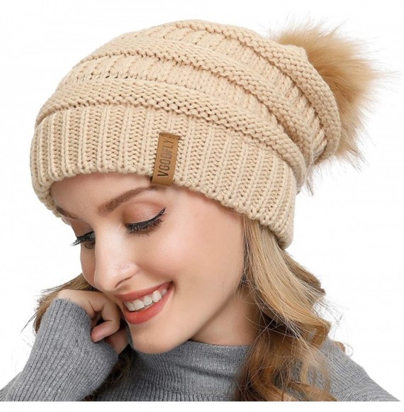 Skullies & Beanies Slouchy Beanie for Women Winter Hats Knit Warm Skull Ski Cap Faux Fur Pom Pom Hat Warm Ski Baggy Cap - 1- ...