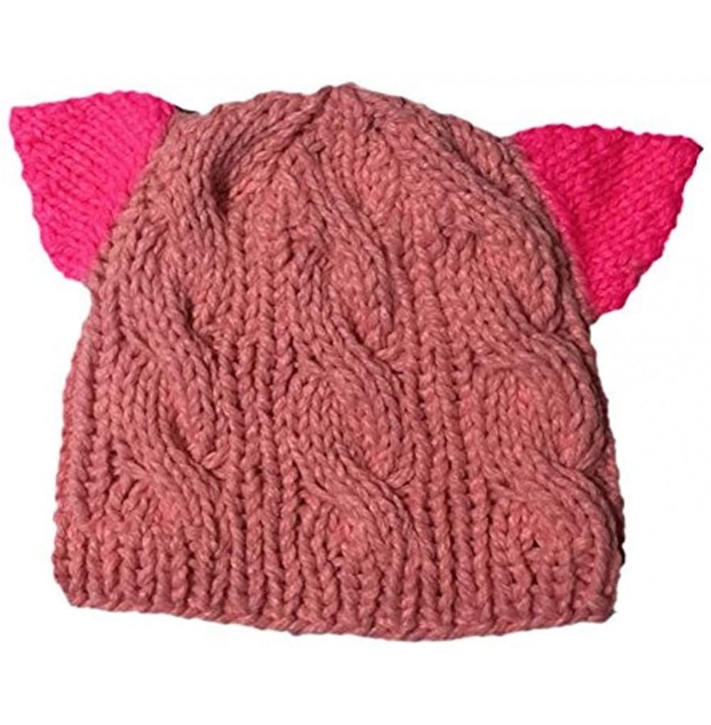 Skullies & Beanies Knit Dog Ear Hat for Women Knitting Crochet Handmade Warmer Beanie Cap - Pink Hat Rose Ear - CR189MAK68K