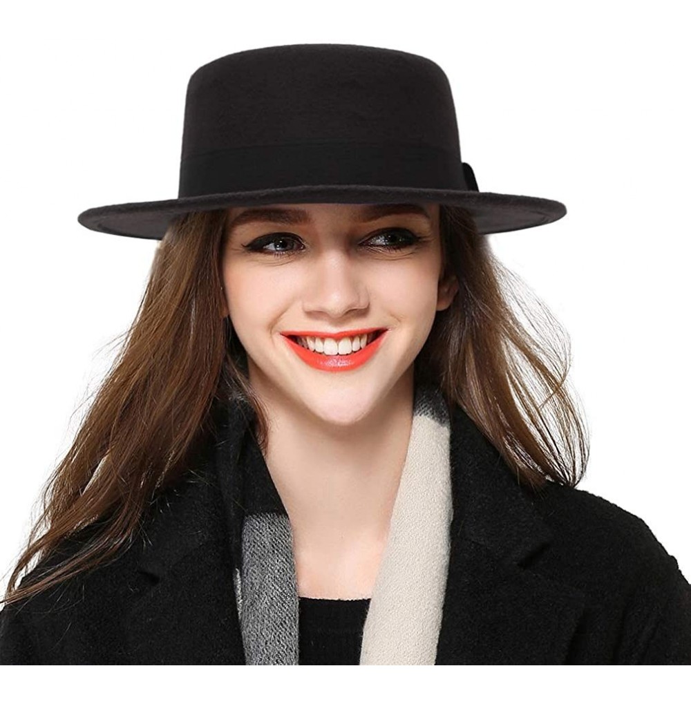 Fedoras Women's Classic Wool Felt Pork Pie Hat Flat Top Church Fedora Hat - Black - C018KWRNRXR