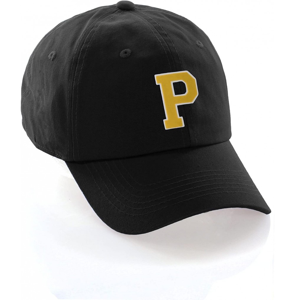 Baseball Caps Customized Letter Intial Baseball Hat A to Z Team Colors- Black Cap White Gold - Letter P - C618ET3502Z