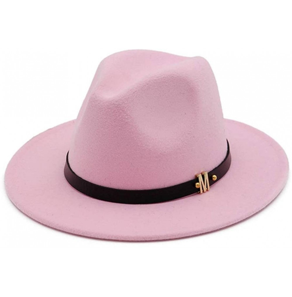 Fedoras Men's Woolen Wide Brim Fedora Hats Classic Vintage Fashion Trilby Hat Jazz Cap with Black Leather Belt - Pink - CF18R...