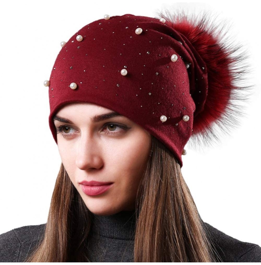 Skullies & Beanies Womens Slouchy Beanie Hat with Real Raccoon Fur Pompom Cotton Pearls Winter Fall Hat - Wine Red 1 - CZ1927...