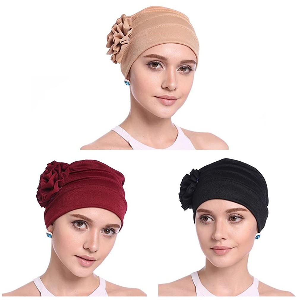 Skullies & Beanies Women Chemo Cap Turban Headwear Sleep Hat with Elegant Side Flower Pleated Skull Caps - Black Pack of 3 - ...