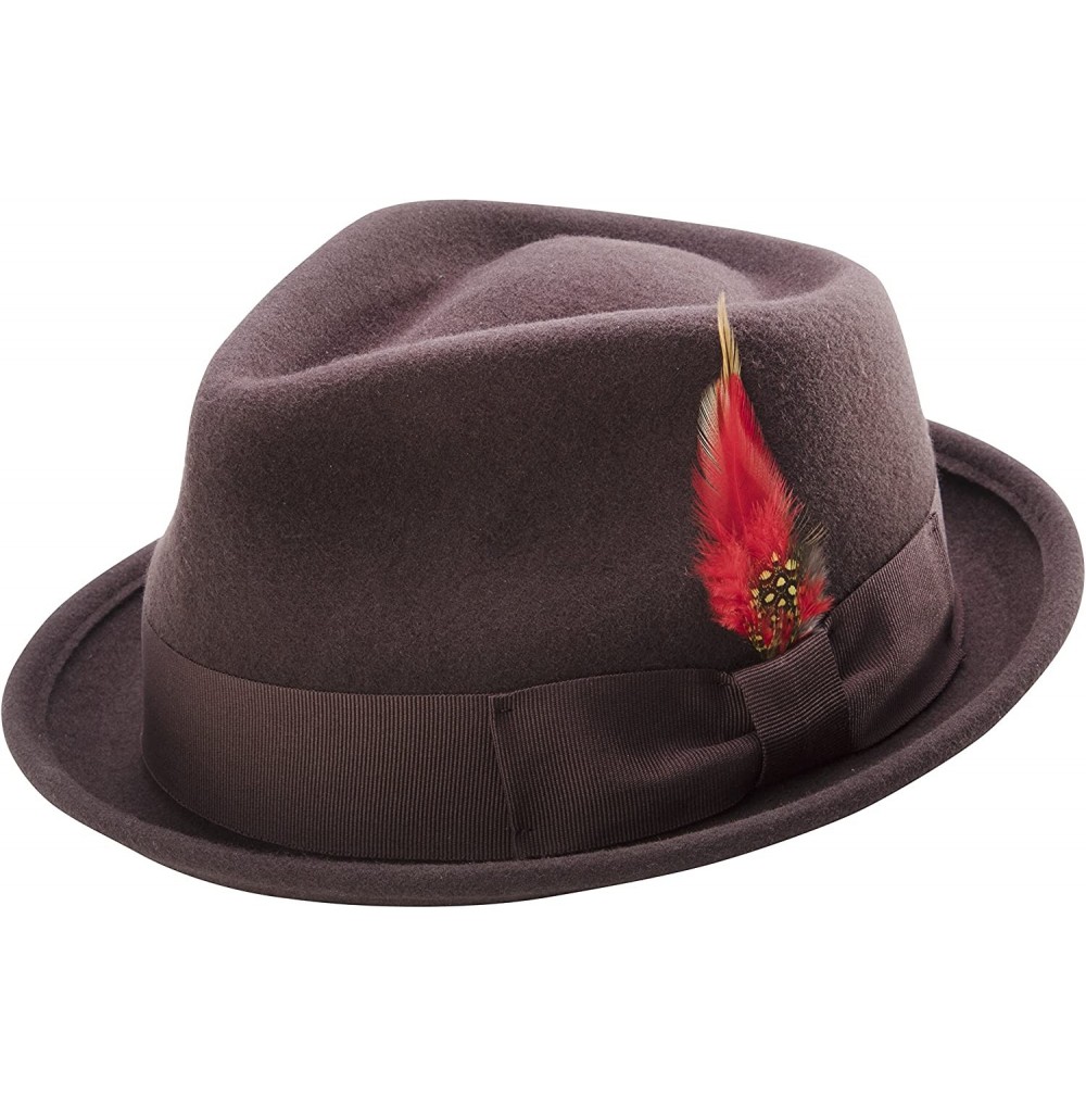Fedoras Bogart Stingy Brim Fine Heather Wool Felt Teardrop Dent Hat with Feather H-54 - Brown - CZ185Q94YNQ