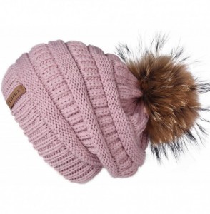 Skullies & Beanies Winter Real Fur Pom Beanie Hat Warm Oversized Chunky Cable Knit Slouch Beanie Hats for Women - CX186OG23O4