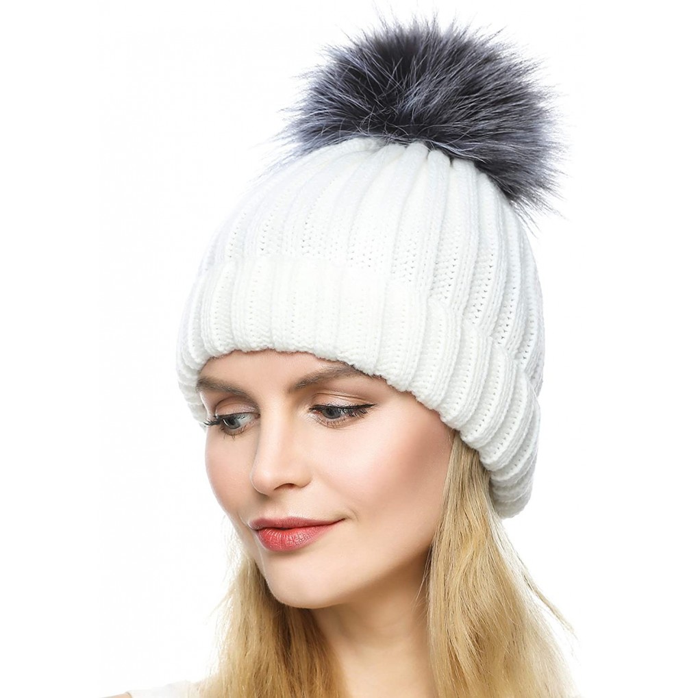 Skullies & Beanies Womens Girls Winter Knitted Slouchy Beanie Hat with Real Large Silver Fox Fur Pom Pom Hats - Style02 White...