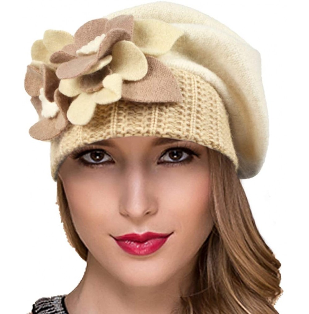 Berets Womens Beret 100% Wool French Beret Beanie Winter Hats Hy022 - Hy023-cream - CI18HNAS350