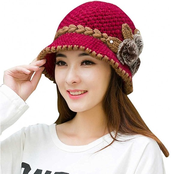 Bucket Hats Women Color Winter Hat Crochet Knitted Flowers Decorated Ears Cap with Visor - Hot Pink - C118LH3SQG2