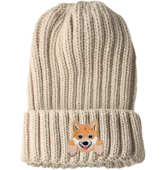 Skullies & Beanies [ Shiba Inu ] Cute Embroidered Puppy Dog Warm Knit Fleece Winter Beanie Skull Cap - Beige - CH189RQRMW3