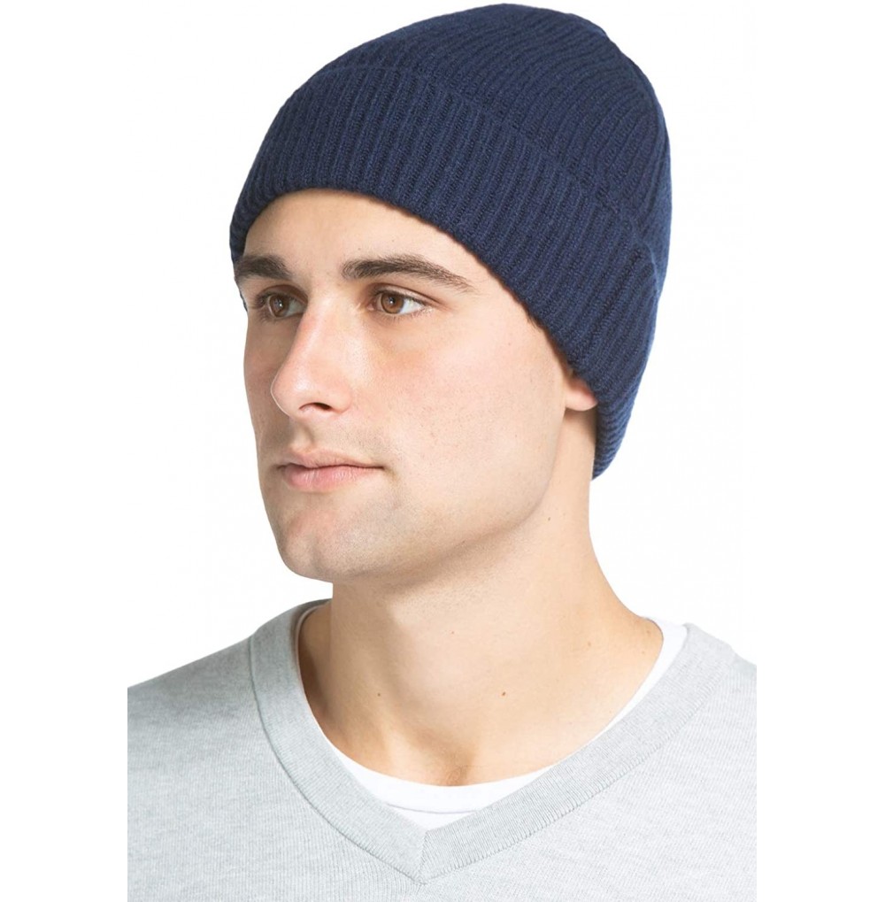 Skullies & Beanies Men's 100% Pure Cashmere Ribbed Cuffed Hat Ultra Plush - Navy - C111SMZXT0P