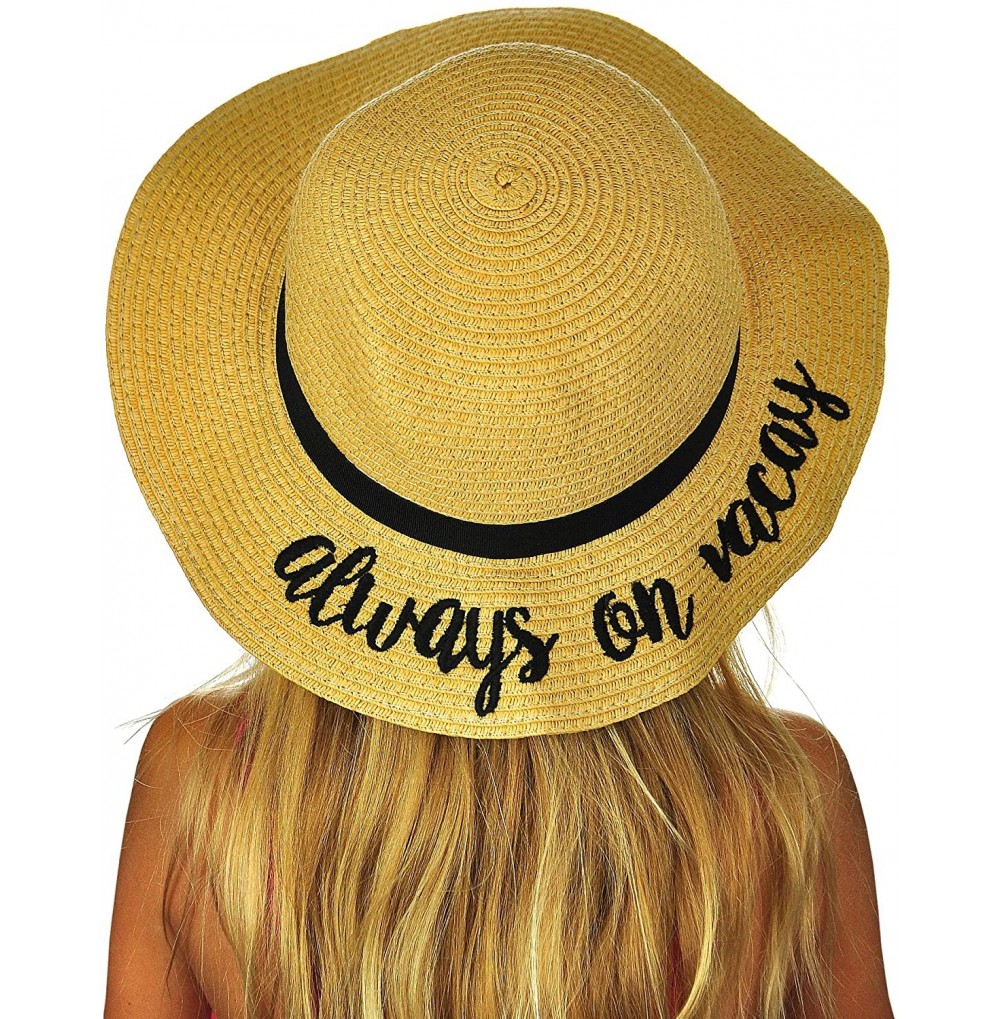Sun Hats Children's Weaved Crushable Beach Embroidered Quote Flop Brim Sun Hat - Always on Vacay - C518E6MYU5K