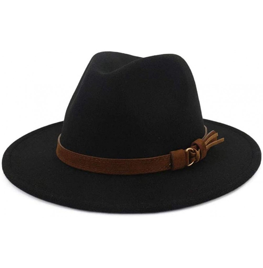 Fedoras Women's Woolen Wide Brim Fedora Hat Classic Jazz Cap with Belt Buckle - Black-1 - CO18XMDU4ET